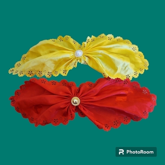 Vintage Accessories - Vintage Jumbo Yellow and Red Pearl Coquette Hair Bow Barrettes